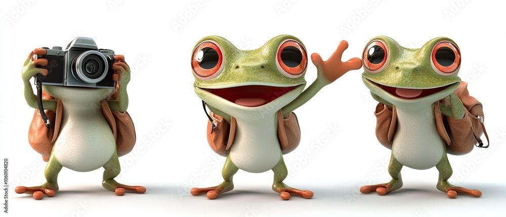 Fototapeta premium Three cute cartoon frogs with backpacks and a camera.