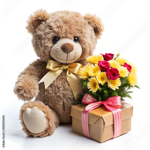 A beautiful teddy with gift box and flowers white background  (2) photo