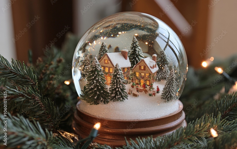 Christmas Snow Globe: A close-up of a magical snow globe with a tiny Christmas village scene inside, surrounded by holiday lights and pine branches. Christmas Snow Globe: A close-up of a magical snow globe with a tiny Christmas village scene inside, surrounded by holiday lights and pine branches.