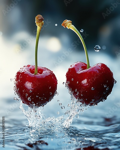 Red cherries, falling into water tank, high speed, professional photography, more clarity with clear light and sharp focus, high detailed