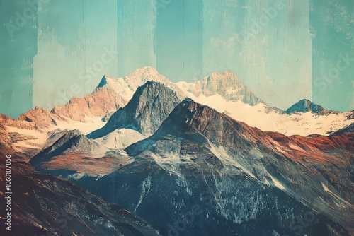 Retro collage art featuring majestic mountain landscapes and nature outdoors photography