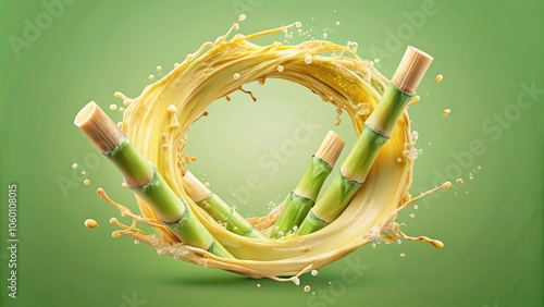 Sugarcane juice splash in circular swirl with floating sticks on pale green background , sugarcane, juice, splash, circular photo