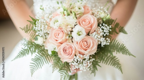 Romantic floral bouquet with soft-colored roses, bab breath, and ferns, creating a whimsical and tender design