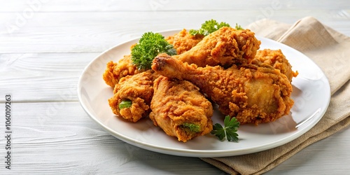 Crispy chicken broasted served on a white plate, crispy, chicken, broasted, fried, delicious, golden, meal, comfort food, restaurant photo