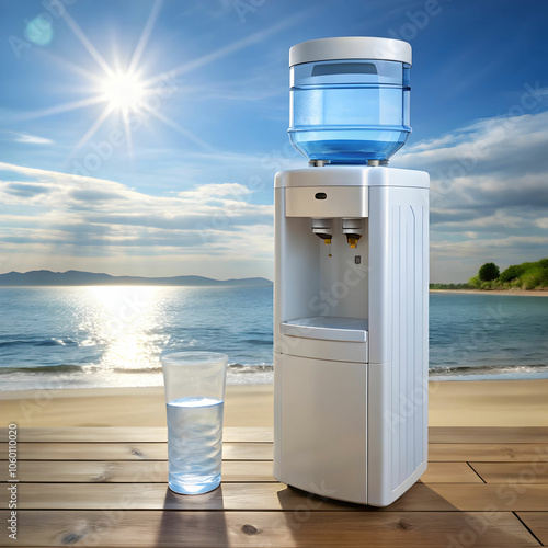 A summer-themed plastic water cooler, featuring bright