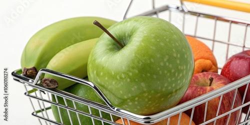 Green fresh apple in a super shop basket with other fruits , fresh, apple, green, basket, super shop, organic, healthy, grocery