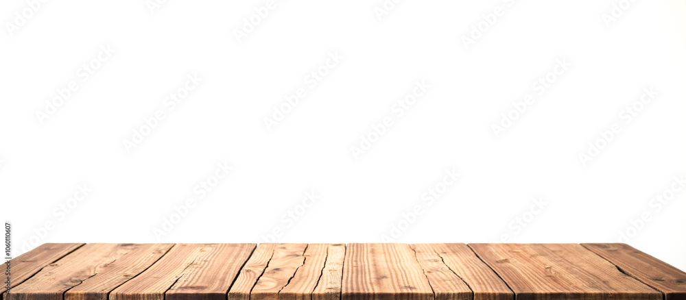 Fototapeta premium Wooden table top for product display, isolated on white background, ideal for merchandise presentation, clean and simple design, versatile use in marketing and advertising