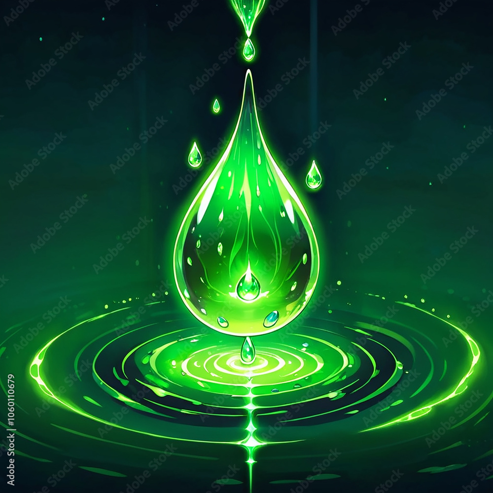 Fototapeta premium A large, glowing green liquid drop falls onto a surface, creating concentric ripples. Smaller droplets fall around it, and the background is a dark green with subtle light beams.
