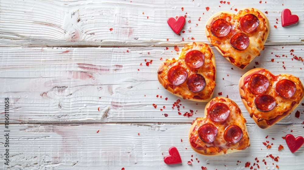Φωτογραφία Heart-shaped mini pizzas with heart-shaped pepperoni on a white wooden background: Artistic food idea for Valentine's or Mother's Day celebration