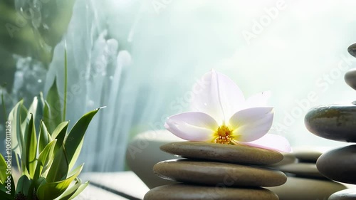 Spa setting with stacked stones, candles, and a flower creating a calming and serene ambiance. video