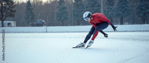 An experienced speed skater racing along an icy track at incredible speed. The concept of speed and winter sports photo