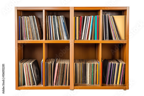 A wooden vinyl record shelf filled with colorful LP records against a white background.