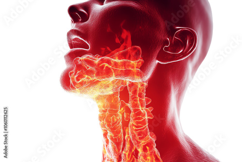 Anatomical illustration of the human throat highlighting the trachea and surrounding structures.