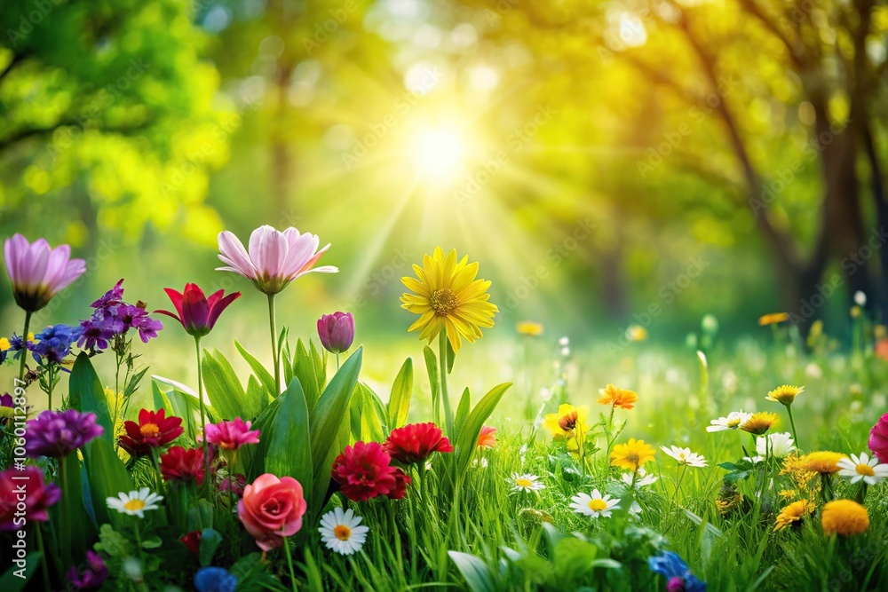 Obraz premium Vibrant green grass and colorful flowers blooming in the warm sunlight amidst lush foliage, blooming plants, greenery