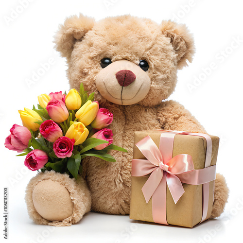 A beautiful teddy with gift box and flowers white background  (15) photo