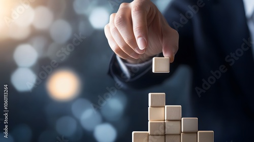 Business professional strategically places wooden block to build a strong foundation for success