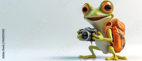 A cartoon frog with a backpack and a camera, standing in a bright studio with a white background. photo