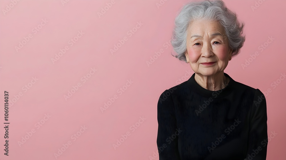 Portrait of a serene and dignified elderly Japanese woman dressed in a classic black sheath dress captured in a simple studio setting with a plain pale pink background Portrait of a serene and dignified elderly Japanese woman dressed in a classic black sheath dress captured in a simple studio setting with a plain pale pink background