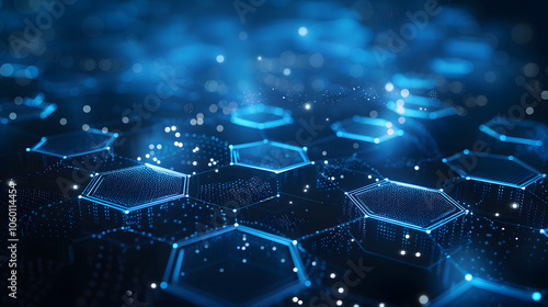 Abstract digital hexagonal pattern with glowing dots on a dark blue background, conveying a concept of technology