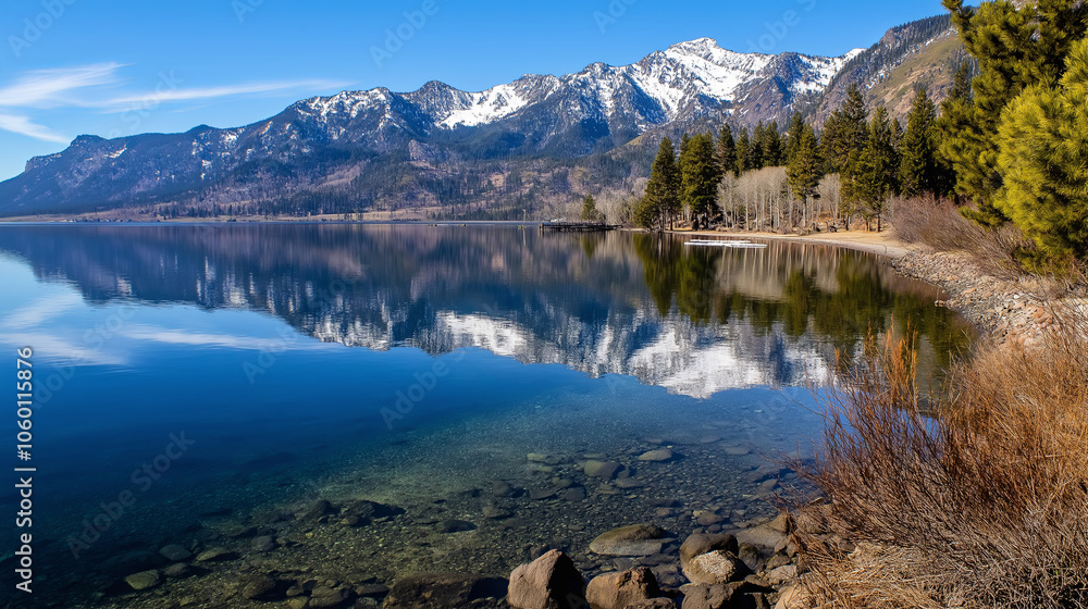 Obraz premium A clear lake reflecting snow-capped mountains