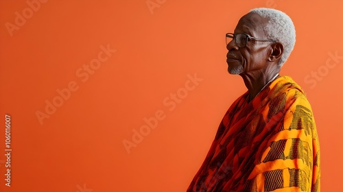 Full body portrait of a contemplative elderly Tanzanian man dressed in a traditional Kanga cloth robe photo