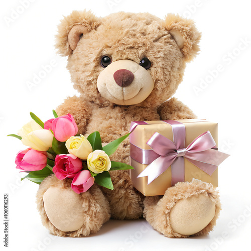 A beautiful teddy with gift box and flowers white background  (20) photo