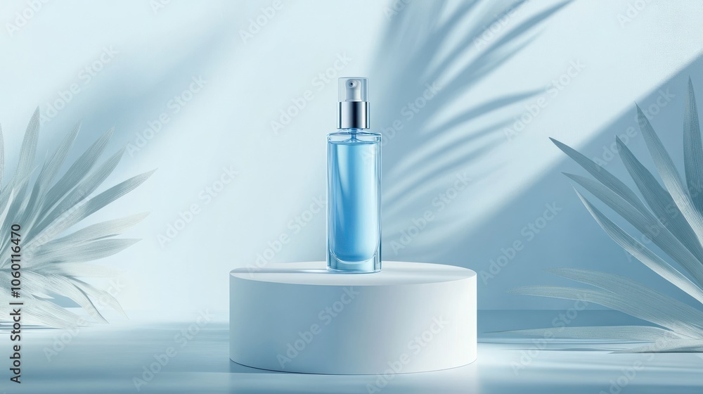 A blue perfume bottle displayed on a white pedestal against a soft background. A blue perfume bottle displayed on a white pedestal against a soft background.