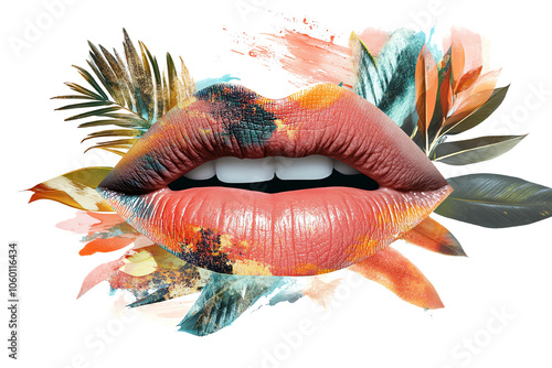 Colorful lips surrounded by vibrant floral elements on a white background. photo