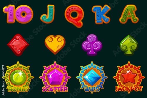 Set of 12 slot symbols Aztec or Mayan theme. Ui element for jackpot in gambling. Style Icons for 2D Games and Casino or Slots. Graphic elements for the development of slot machines
