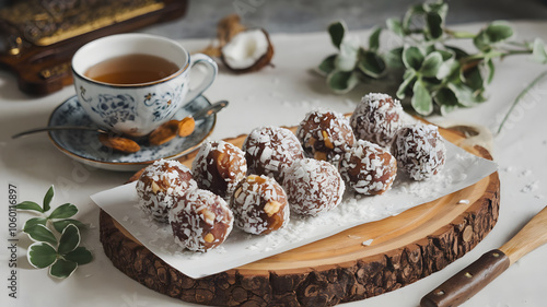 Date Balls: Sweet energy balls made from dates and nuts, rolled in coconut flakes, arranged in a neat row on a wooden board, accompanied by a cup of herbal tea.

 photo