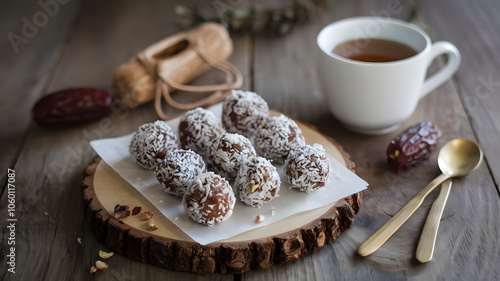 Date Balls: Sweet energy balls made from dates and nuts, rolled in coconut flakes, arranged in a neat row on a wooden board, accompanied by a cup of herbal tea.

 photo