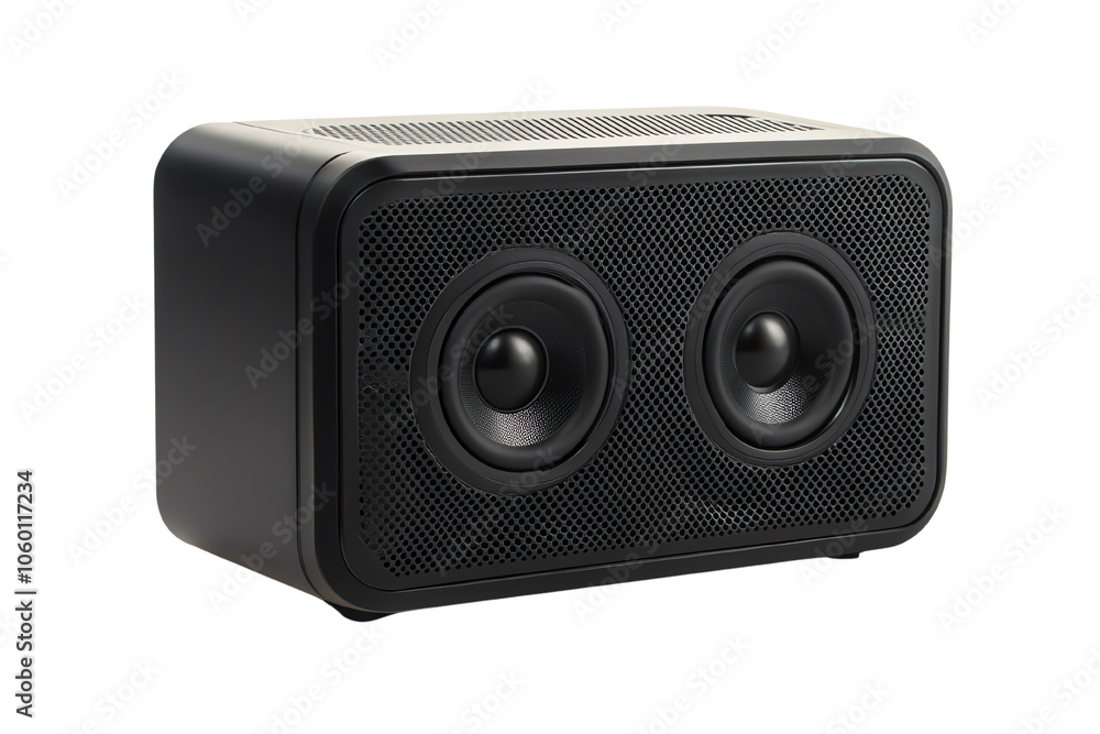 Obraz premium Compact black speaker with dual drivers, ideal for delivering high-quality sound, isolated on a white background.
