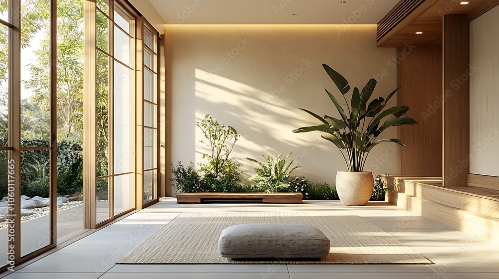 Fototapeta premium Serene indoor space with natural elements and minimalist design