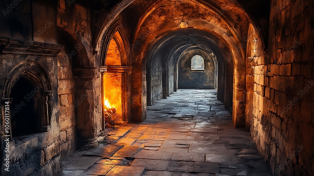 Fototapeta premium Mysterious abandoned corridor with glowing firelight in ancient architecture