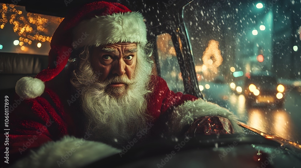 Obraz premium Exasperated Santa Claus Delivering Christmas Gifts Stuck in Heavy City Traffic with Sleigh on a Snowy Winter Night