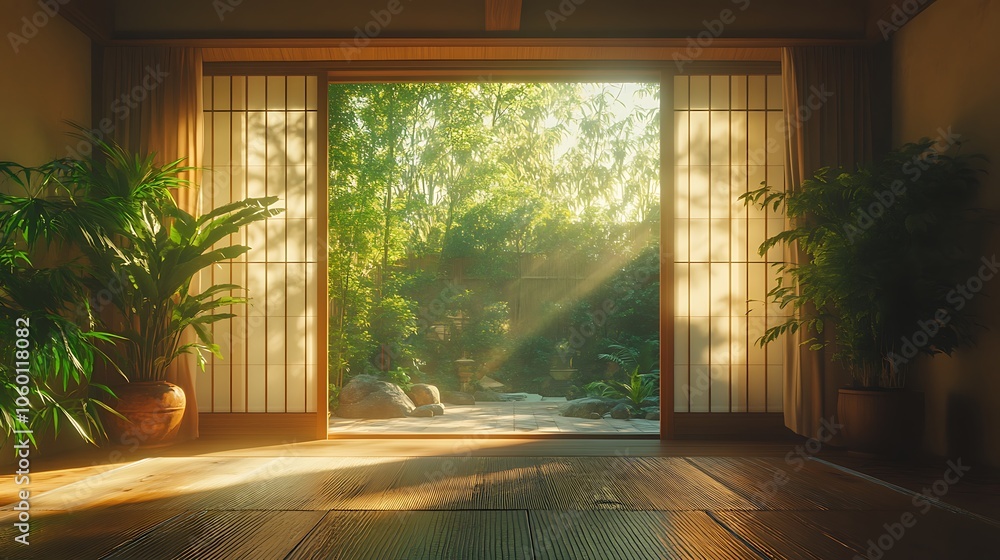 Fototapeta premium Serene interior scene with natural light and lush plants