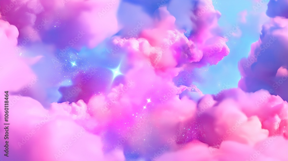 Fototapeta premium A dreamy cosmic scene with misty fog, stars, and nebula clouds in soft pastel colors.