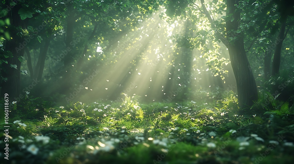 Fototapeta premium Enchanting forest a tranquil retreat bathed in sunlight
