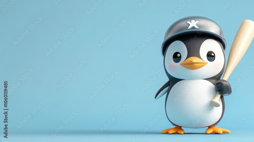 Obraz premium Cartoon Penguin Baseball Player Holding a Bat