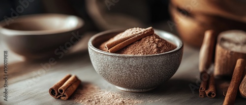 Rustic cinnamon and spice in ceramic bowl - cozy autumn aroma for culinary inspiration National Cinnamon Day photo