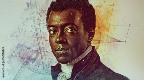 Portrait of scientist against geometric background celebrating black history month Benjamin Banneker Week photo