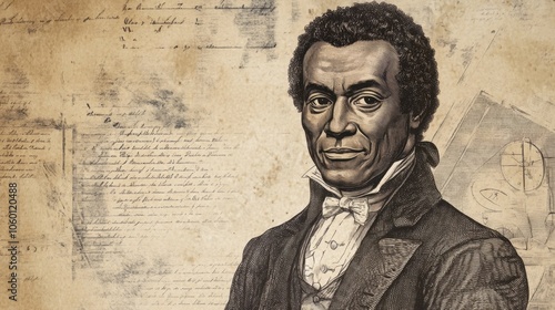 Portrait of olaudah equiano with historical documents and maps Benjamin Banneker Week photo