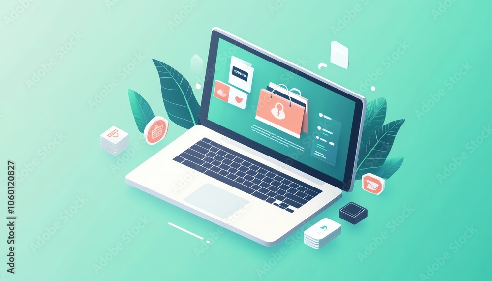 Illustration of a laptop displaying various digital applications amidst greenery. Black Friday sales, Illustration of a laptop displaying various digital applications amidst greenery. Black Friday sales,