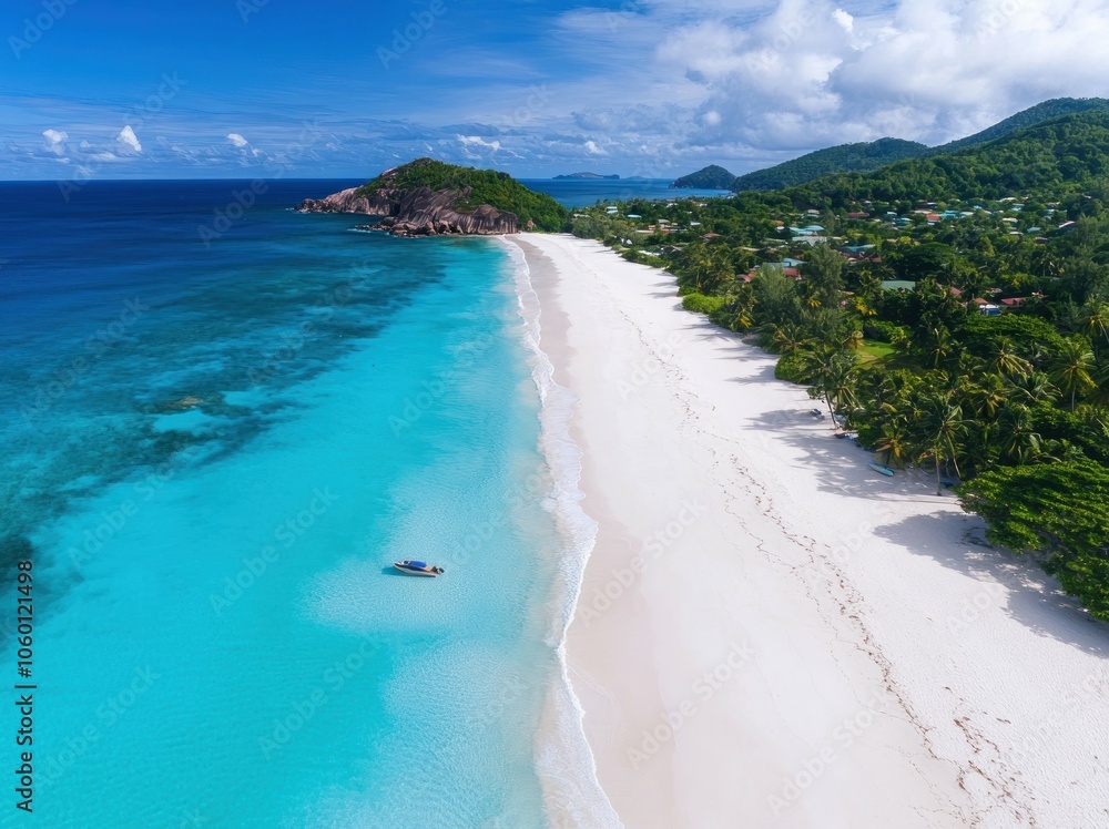 Obraz premium Aerial view of a serene beach with turquoise waters and lush greenery along the shoreline.