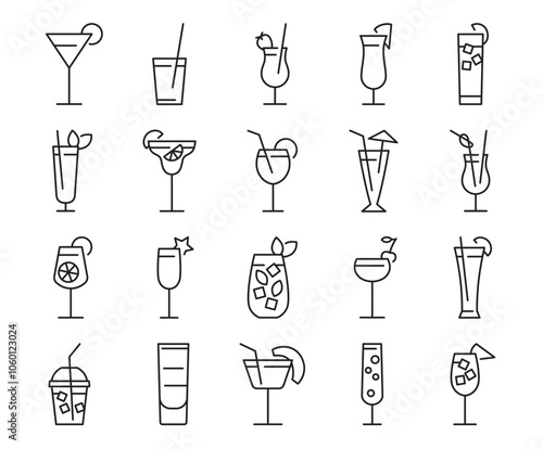 Cocktails Outline Icons Set. Collection of drinks and beverage. Vector illustration