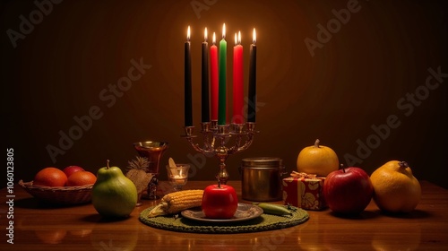 Complete Kwanzaa setup with seven symbols, warm lighting, festive atmosphere highlighting cultural significance and arrangement photo