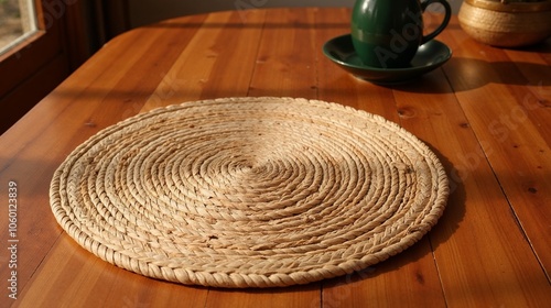 Traditional Mkeka mat close-up, warm natural lighting, emphasizing texture on wooden table with minimalistic background photo