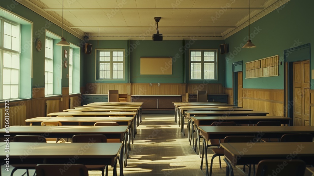 Fototapeta premium Empty Classroom with Desks and Windows