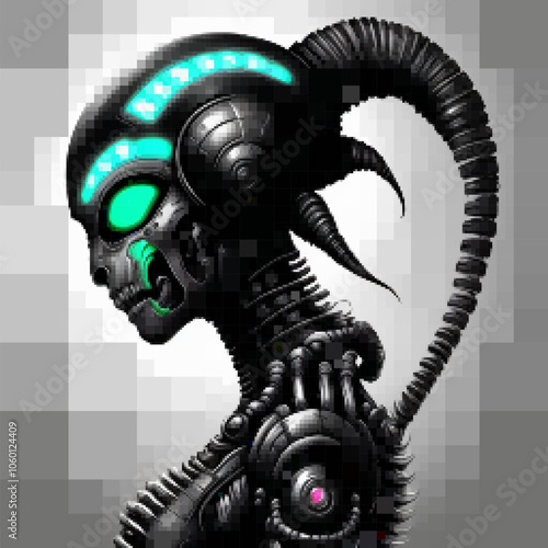 Alien cyborg. Vector pixelated illustration. Rectangular design.