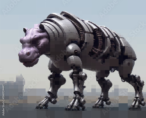 Hippopotamus cyborg. Vector illustration. Rectangular design.